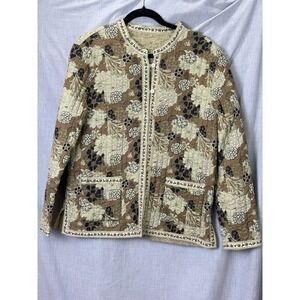 Quilted Floral Jacket Women's Reversible Button Front Pockets Beige Brown